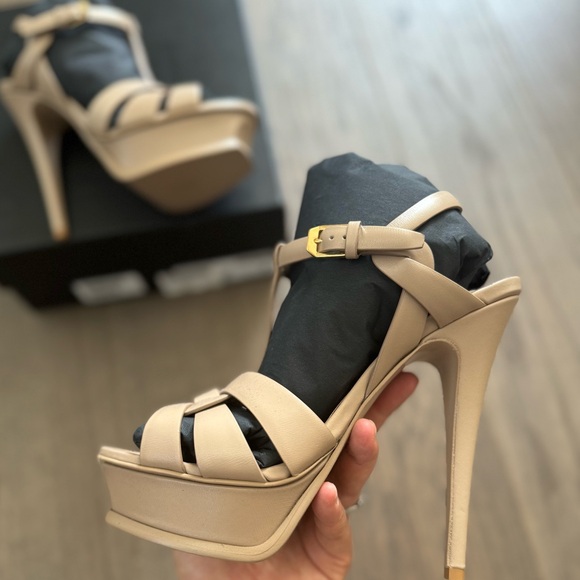New! Saint Laurent YSL Tribute High Heels in Nude Beige Calfskin
